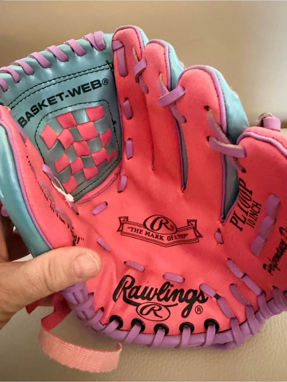 Rawlings Basket-Web PL100P 10” Youth Baseball/Softball Glove Pink Teal Purple